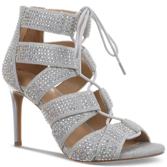 THALIA SODI WOMEN'S SANDY LACE UP STILETTO SANDALS IN SILVER  SIZE 7.5 & 8 NIB - Picture 1 of 5